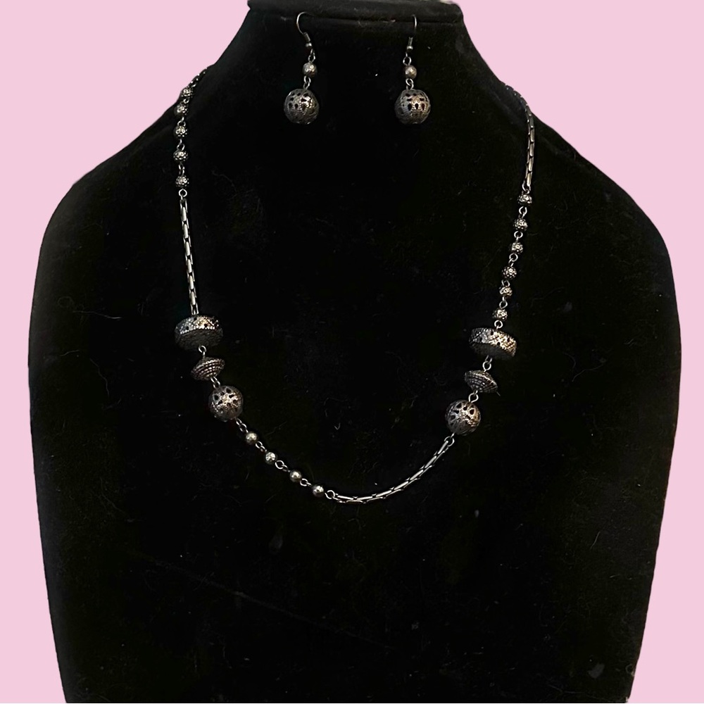 Isis dark silver tone station filigree bead necklace and earrings